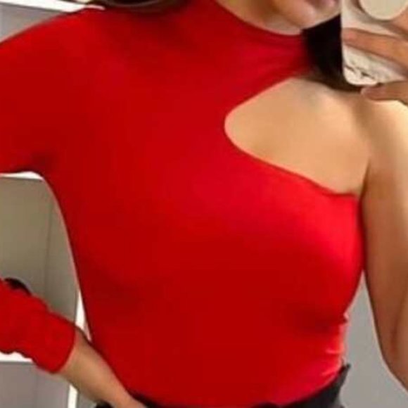 RED One Shoulder Skinny Bodysuit - Picture 7 of 12